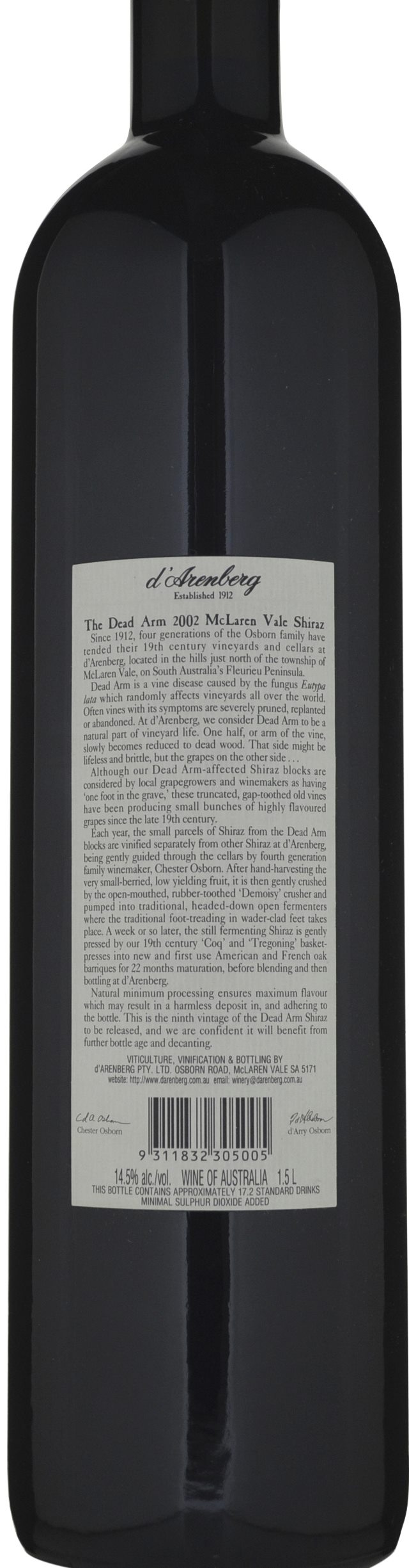 d'Arenberg The Dead Arm Shiraz 2002 1500ml ( in stock) Cellarit